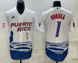 Mens Puerto Rico Baseball #1 Carlos Correa Number White 2023 World Baseball Classic Stitched Jerseys